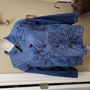 New Directions blue denim embroidered quilted long slv top jacket 1X Excellent …